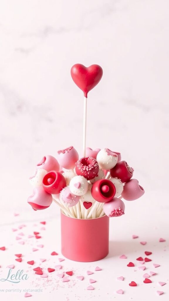 A bouquet of colorful Valentine cake pops in a pink container with heart decorations.