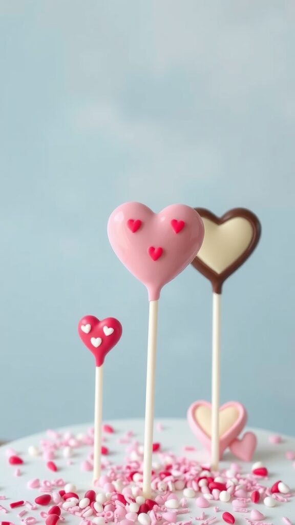 Heart-shaped cake pops in pink, brown, and white with sprinkles, arranged on a white plate.