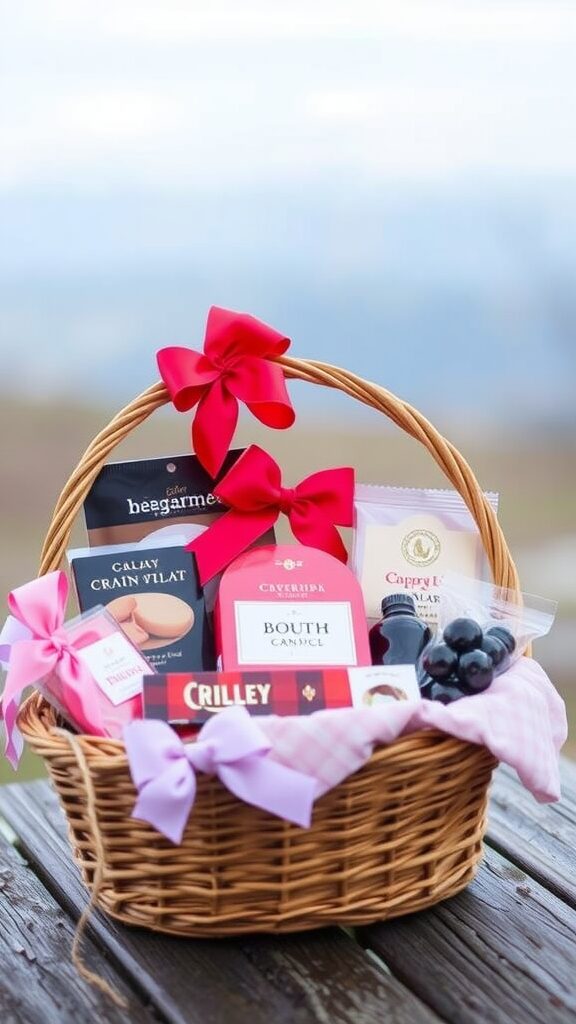 A beautifully arranged Valentine's gift basket filled with treats and decorated with red bows.