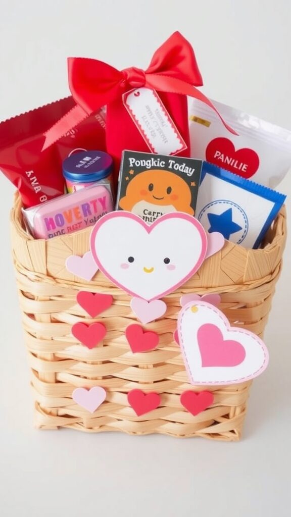 Cute and affordable Valentine gift basket for friends filled with treats and a heart decoration.