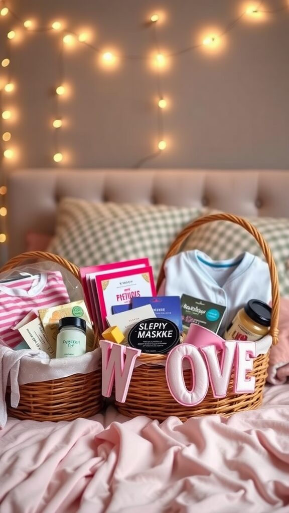 Two gift baskets filled with cozy items for a sleepover party, including pajamas, snacks, and self-care products.