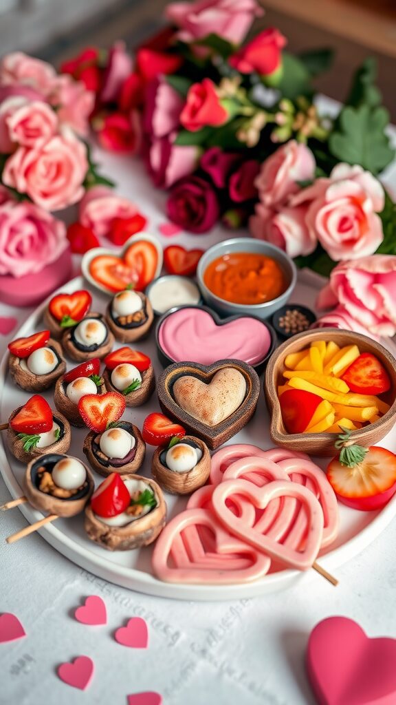 A colorful platter of Valentine's Day appetizers with heart-shaped foods, surrounded by roses and heart decorations.