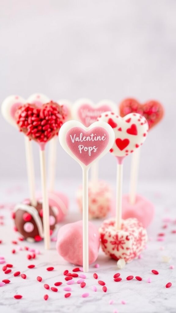 A variety of colorful heart-shaped Valentine cake pops with sprinkles on a light background.