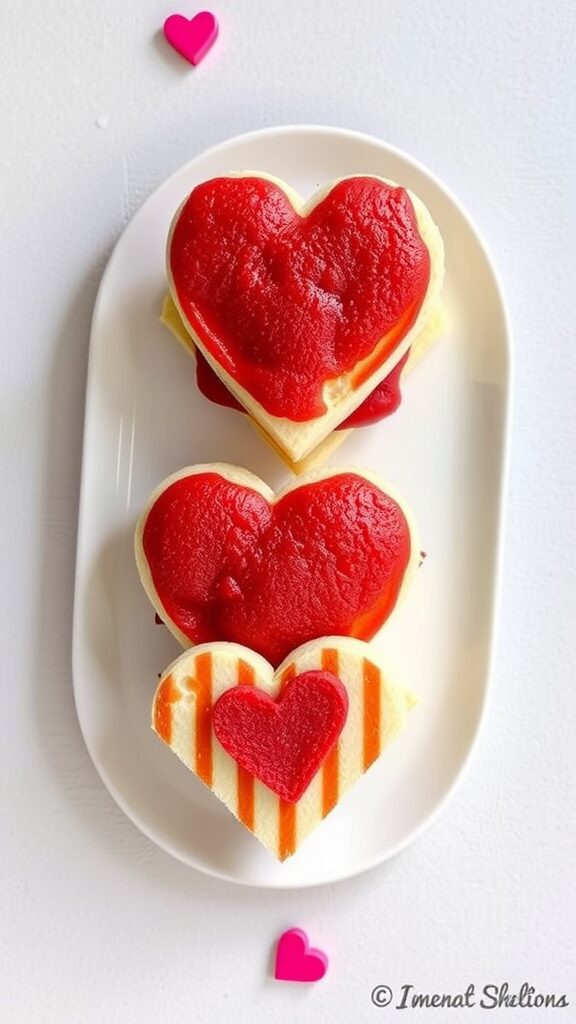 A colorful scene with pink and red hearts on the ground and a heart-shaped treat box, symbolizing Valentine's Day.