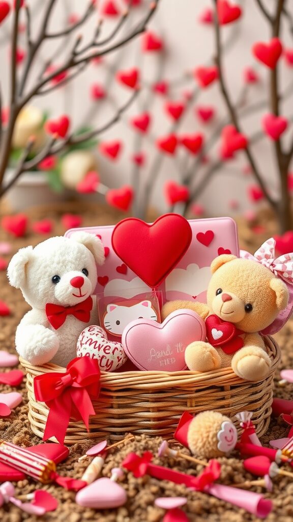 A delightful Valentine gift basket for kids filled with plush toys, heart-shaped candies, and cheerful decorations.