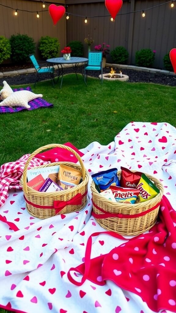 Two wicker baskets filled with movie snacks and films, surrounded by heart decorations.