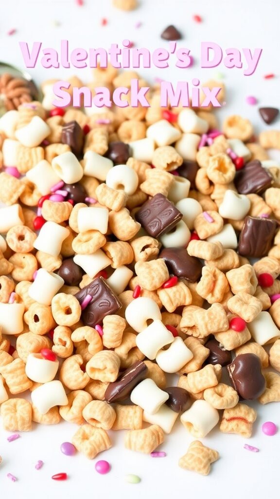 Colorful Valentine's Day snack mix with heart-shaped pieces, chocolate, and sprinkles.