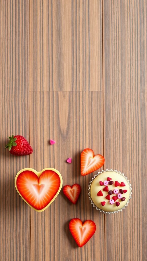 Heart-shaped strawberries and a cupcake with colorful sprinkles on a wooden surface for Valentine's Day Snacks