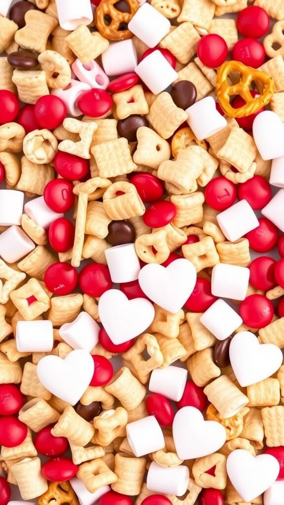 An assortment of colorful snacks and candies for Valentine's Day snack mix, featuring heart shapes and other festive items.