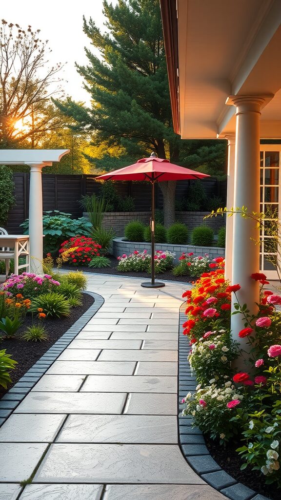 Beautiful walkway made of stone pavers, surrounded by colorful flowers leading to a patio with an umbrella.