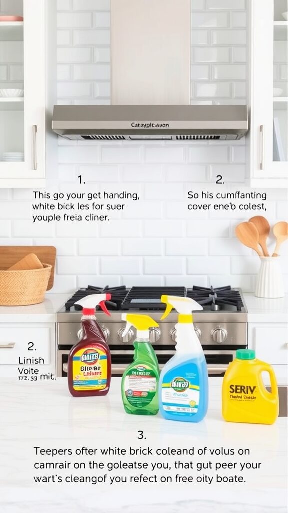 A clean kitchen with a white brick backsplash and cleaning products on the counter.