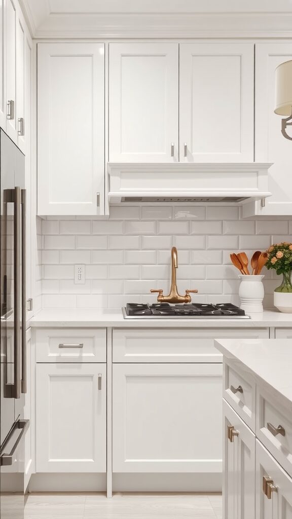 A modern kitchen featuring a white on white backsplash with white cabinets and a stylish faucet.