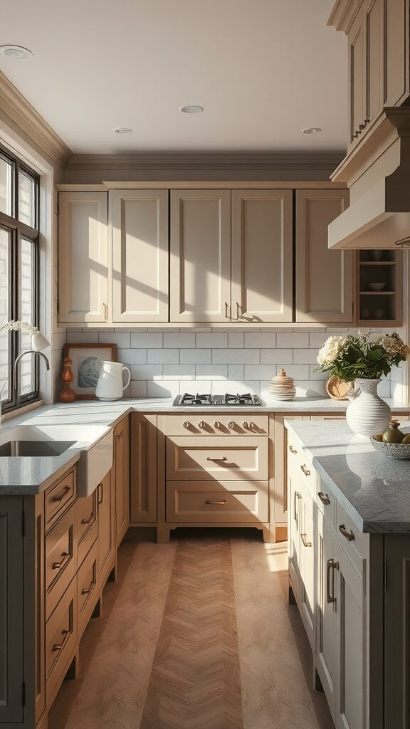 A bright and airy taupe kitchen featuring cabinets, countertops, and a stylish backsplash.