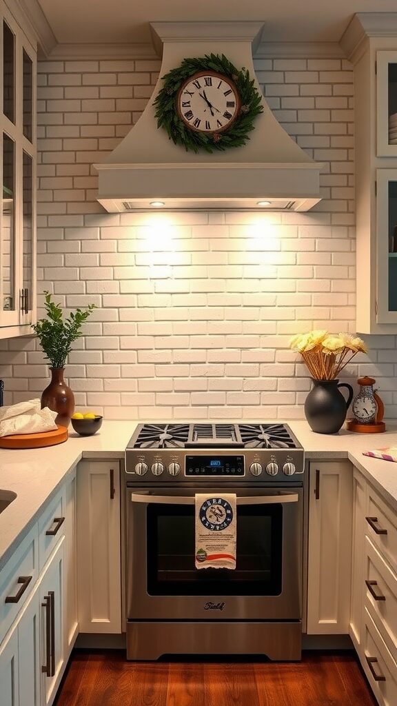 A cozy kitchen featuring white brick backsplash with modern appliances and decorative elements.