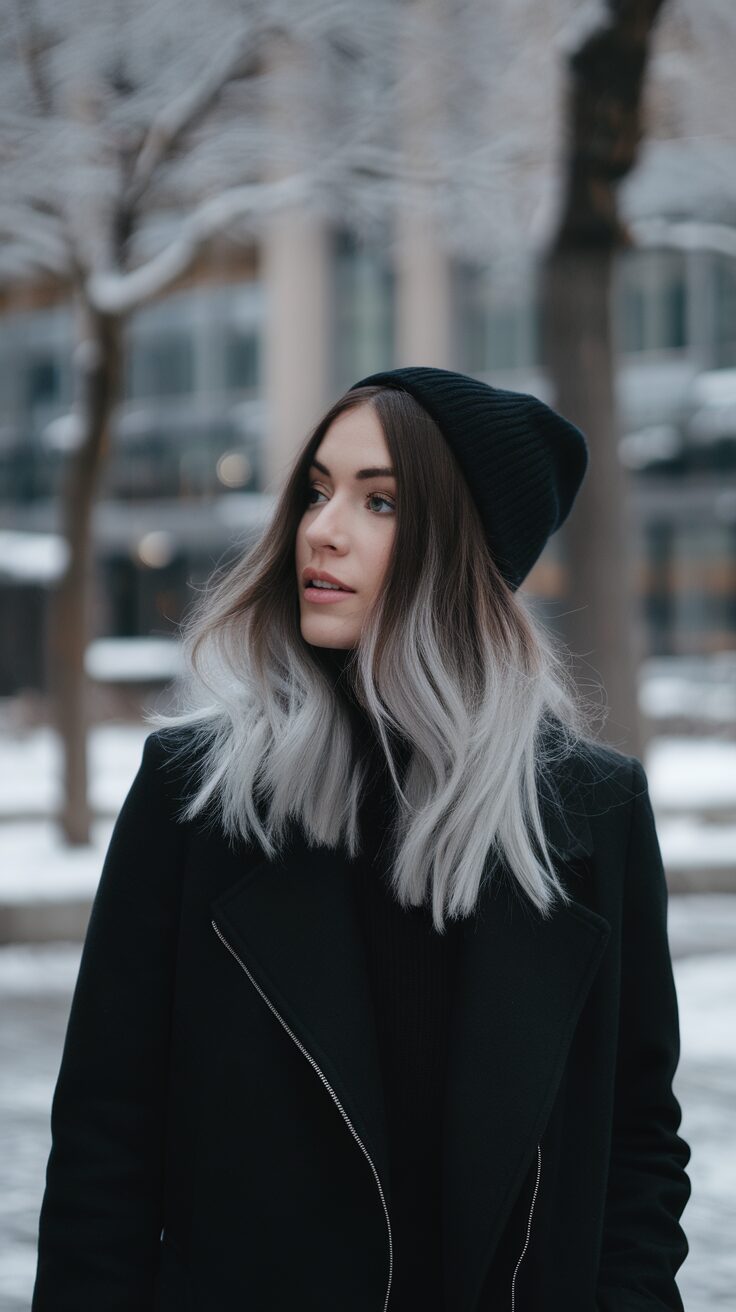 A brunette woman with silver ombre hair wearing a black beanie and coat in a snowy outdoor setting.