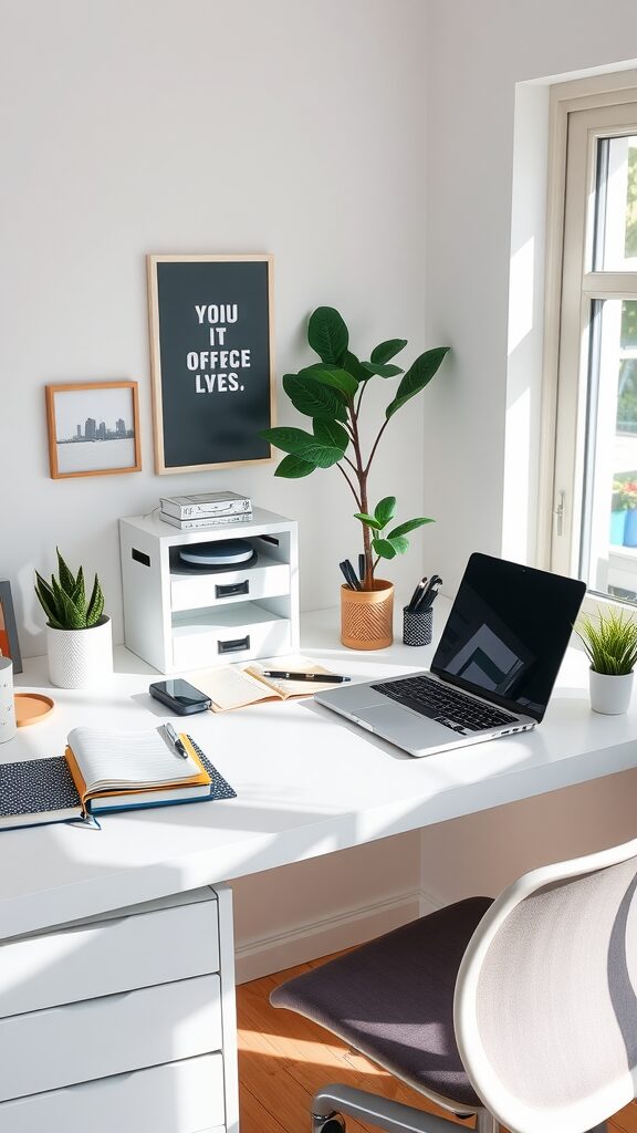 Bright home office setup with a laptop, notebook, plants, and organized desk storage.