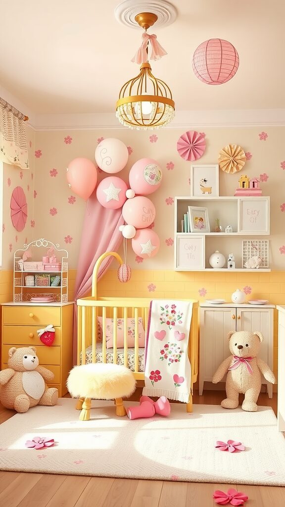 A charming nursery featuring yellow and pink decor with a crib, playful toys, and wall decorations.