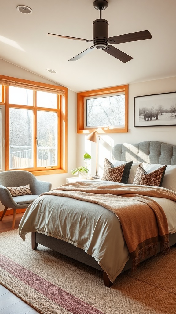 A cozy modern cottage guest bedroom featuring a comfortable bed, large windows, and stylish decor.