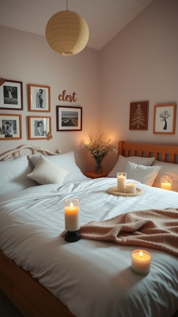 Cozy guest bedroom with candles, a soft blanket, and framed photos