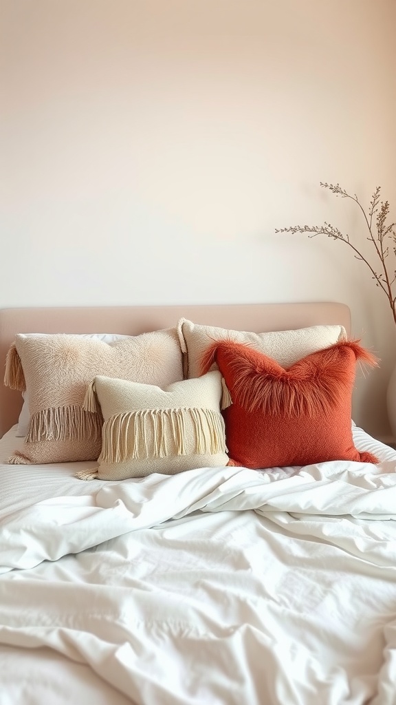 A cozy bed with various textured pillows in soft colors, creating a warm and inviting atmosphere.