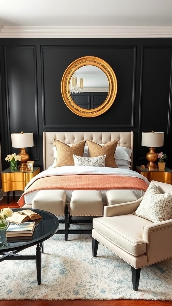 Guest bedroom featuring black walls, gold accents, and elegant furnishings.
