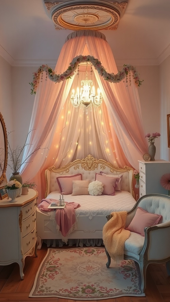 A dreamy princesscore bedroom with a pink draped ceiling, chandelier, and elegant furniture.