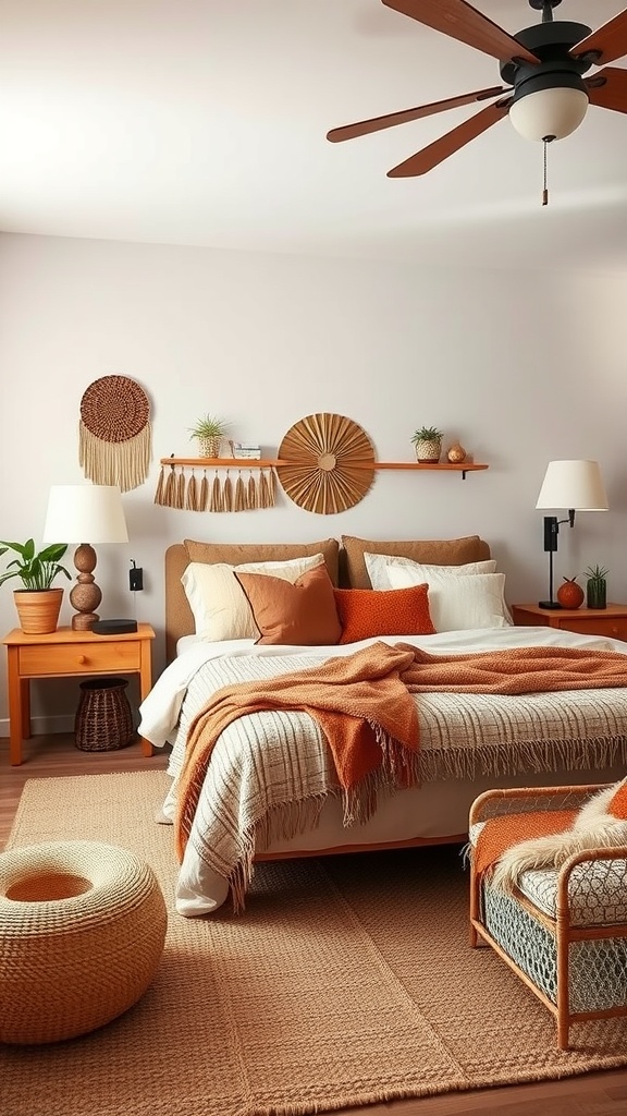 Cozy guest bedroom with earthy tones, featuring a bed with warm blankets, decorative pillows, and natural textures.