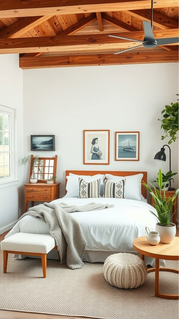 Cozy modern cottage guest bedroom with wooden beams, white bedding, and stylish decor.