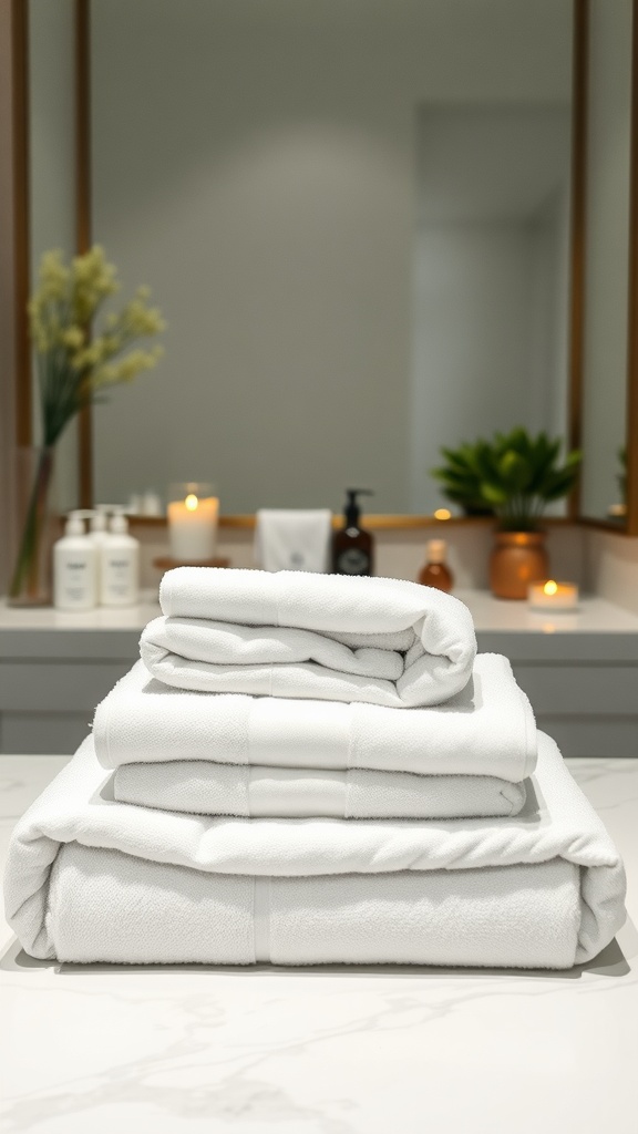 A neatly arranged stack of fresh white towels on a marble countertop with toiletries and candles in the background.