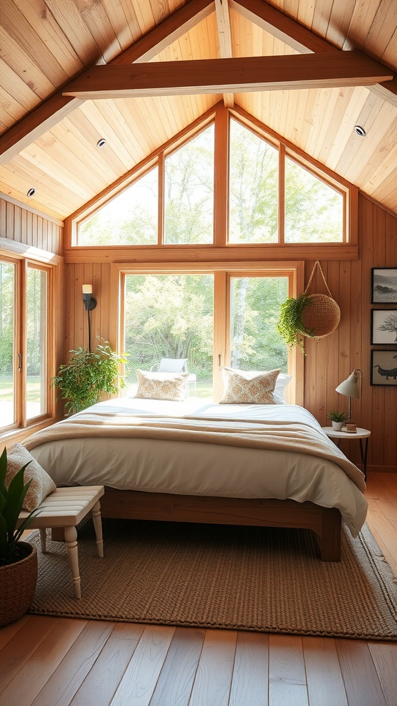 A cozy modern cottage guest bedroom with large windows, wooden ceiling, and soft bedding.