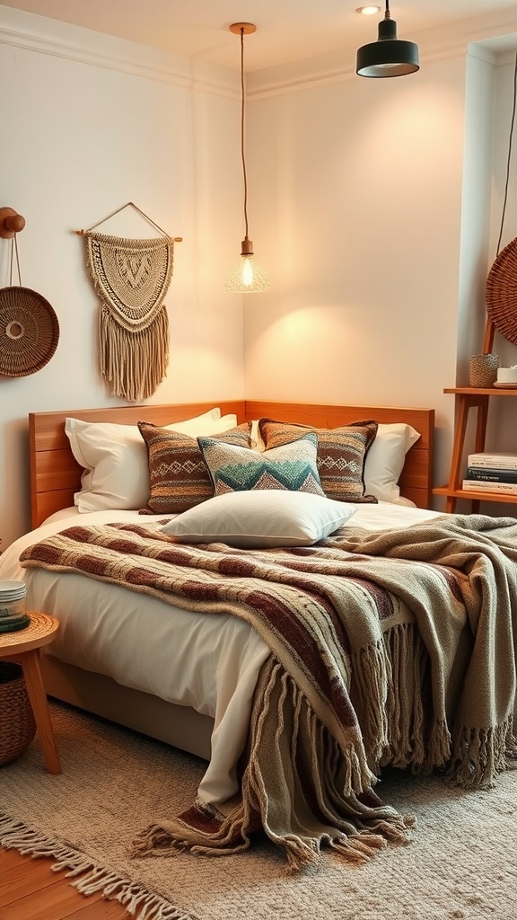 A cozy modern boho guest bedroom featuring a layered bed with a chunky knitted throw, patterned pillows, and natural decor elements.