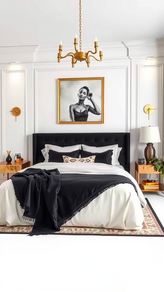 Guest bedroom featuring a black bed, white bedding, gold chandelier, and artwork on the wall.