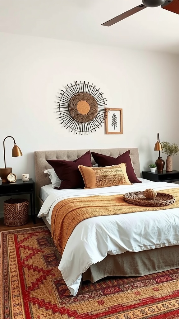 Cozy guest bedroom with earthy tones and layered bedding.