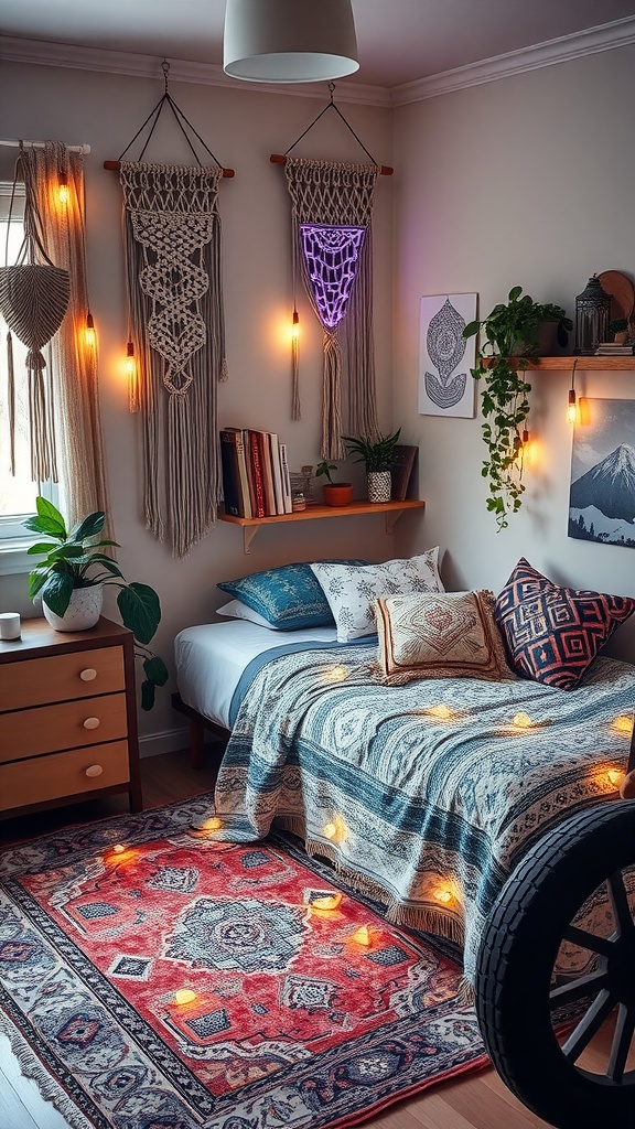 A cozy college bedroom with boho decor featuring a bed with layered bedding, a colorful rug, macramé wall hangings, and warm ambient lighting.