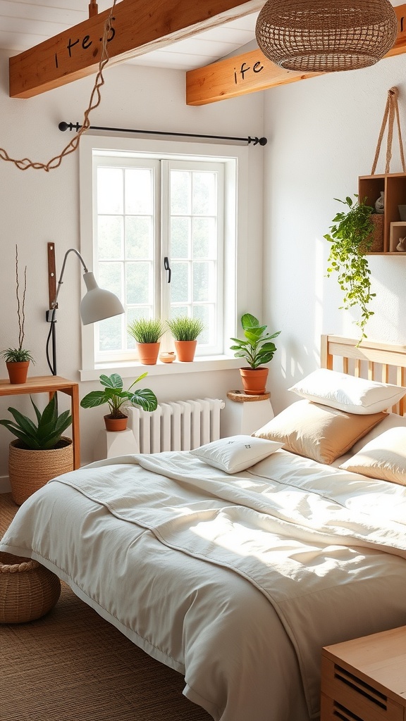 Cozy cottage bedroom with neutral tones, featuring natural light, plants, and wooden decor