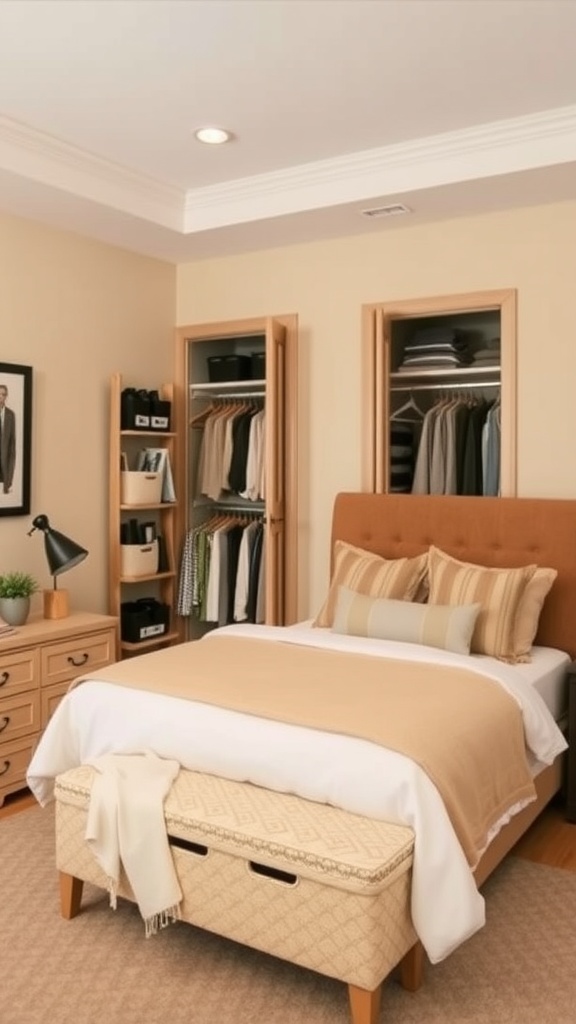 A cozy guest bedroom with a bed, storage bench, and organized closets.