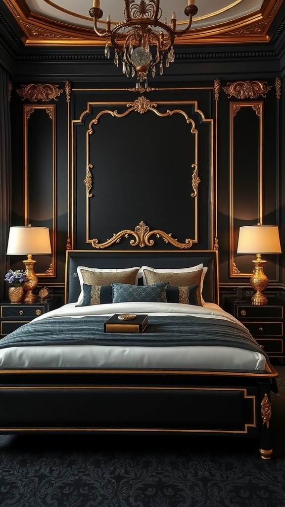 Luxurious black and gold guest bedroom with ornate decor and elegant furnishings