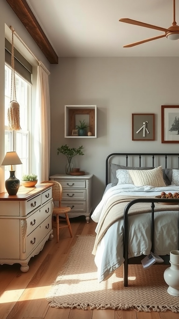 A cozy modern cottage guest bedroom featuring a black metal bed, vintage wooden dresser, and a warm color palette.