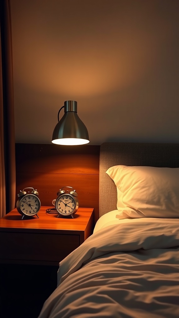 A cozy bedside scene with a lamp and two alarm clocks on a wooden nightstand.