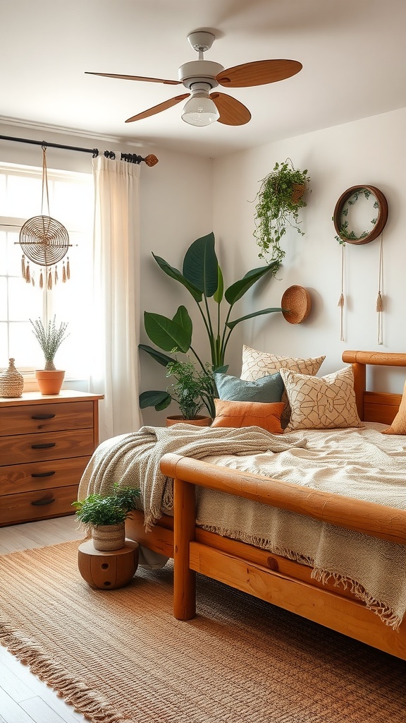 Cozy modern boho guest bedroom featuring wooden furniture, plants, and natural decor.