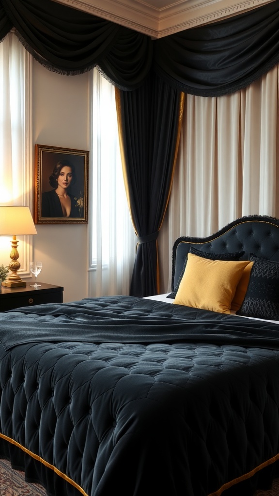 Guest bedroom with black velvet bedding and gold accents, featuring satin curtains and elegant decor.