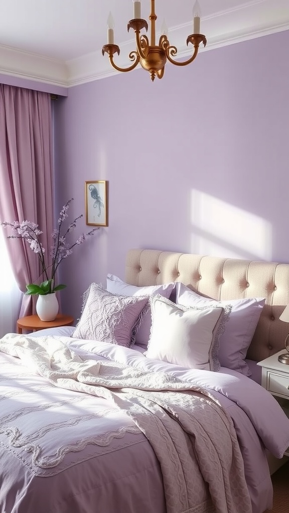 A cozy lavender guest bedroom with soft bedding and warm lighting.