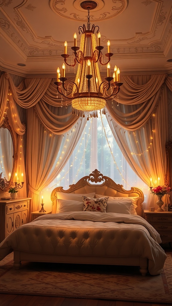 A cozy princesscore bedroom featuring a chandelier, curtains with fairy lights, and candles on the nightstands.