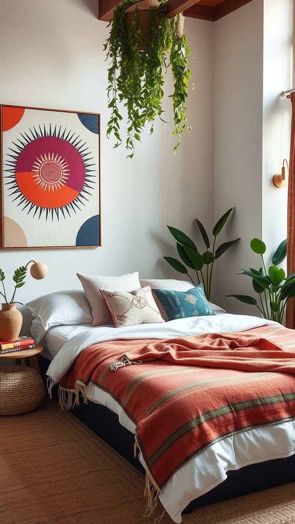 Cozy modern boho guest bedroom featuring a bold wall art piece, plants, and warm bedding.