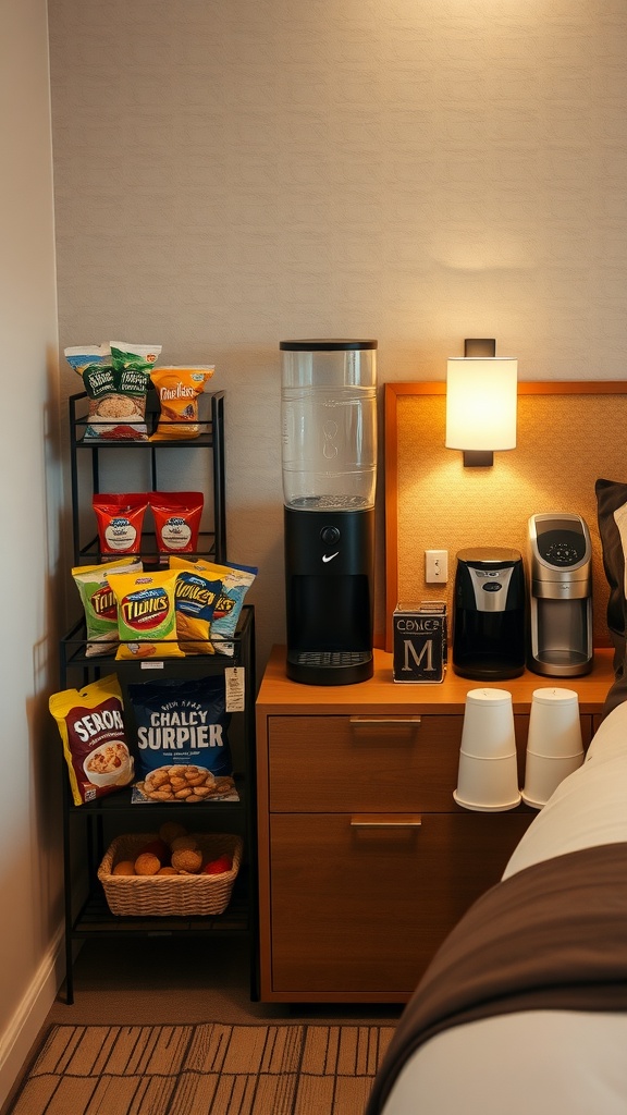 A well-organized refreshment station in a guest bedroom featuring snacks, a water dispenser, and a coffee bar.