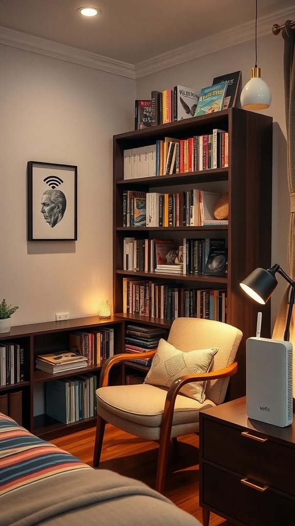 A cozy corner in a guest bedroom featuring a bookshelf filled with books, a comfortable chair, and a visible Wi-Fi router.