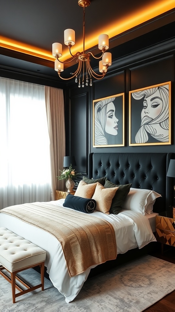 A stylish black and gold guest bedroom featuring elegant wall art and a chandelier.