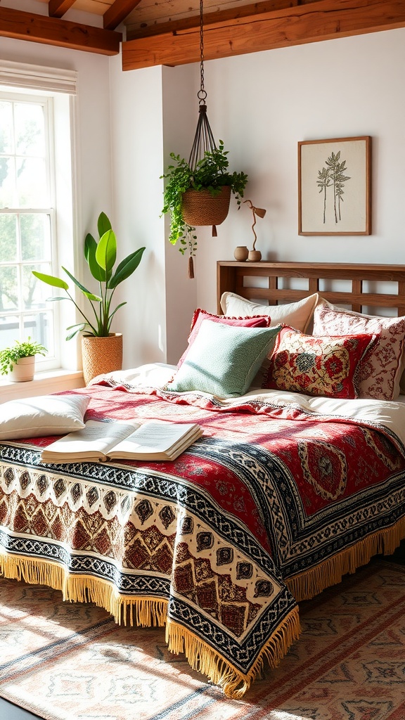 A cozy boho-inspired guest bedroom with a beautifully styled bed featuring a vibrant red blanket and layered pillows. A book rests on the bed, surrounded by natural elements like hanging plants and wooden decor.