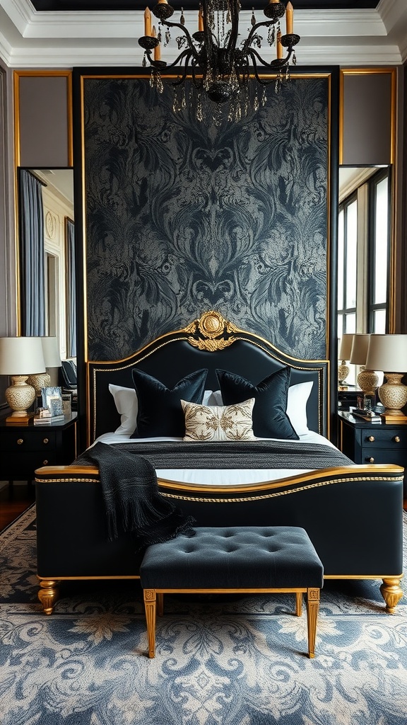 Stylish black and gold guest bedroom featuring an elegant bed, decorative nightstands, and a plush bench