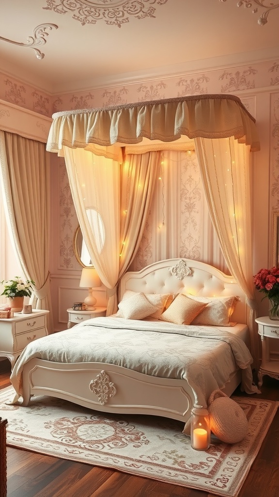 A romantic bedroom featuring a canopy bed with soft lighting, elegant furniture, and floral decorations.